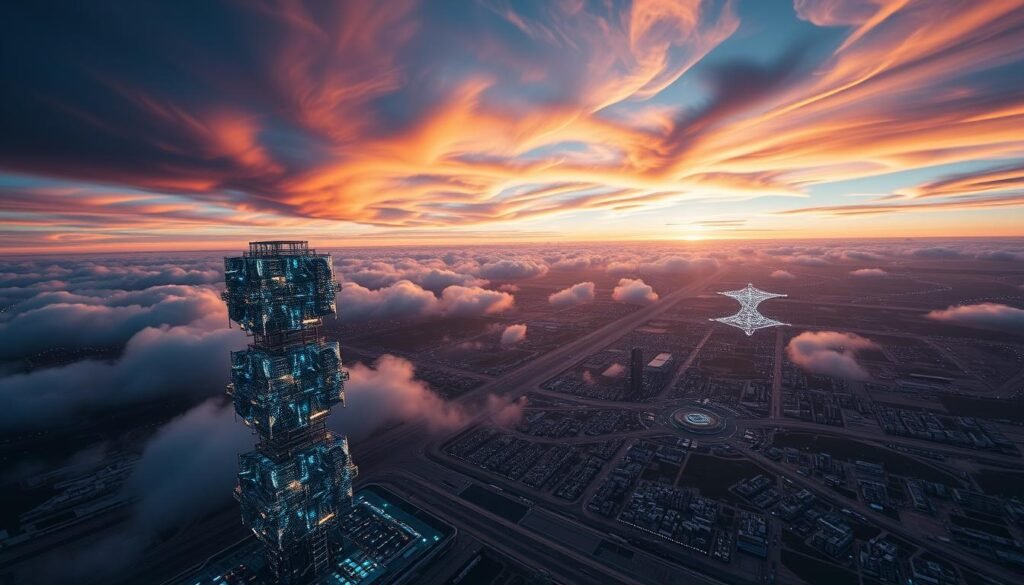 A breathtaking aerial view of a vast, digitally-rendered landscape, with swirling clouds of data and mathematical equations cascading across the scene. In the foreground, a towering, crystalline structure of quantum processors hums with energy, its intricate components reflecting the vibrant hues of the sky. The middle ground is dominated by a sprawling network of interconnected nodes, visualizing the complex interactions of climate systems. In the background, a shimmering horizon of TechTrendWatch.io's futuristic cityscape, where the promise of quantum computing revolutionizes environmental science.