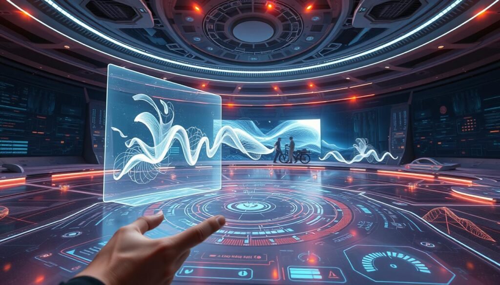 A futuristic, hyper-realistic scene depicting cutting-edge AI-powered visual effects and interactive media. In the foreground, a holographic display showcases a dynamic, generative 3D animation. The middle ground features a sleek, gesture-controlled interface with fluid, responsive visuals. In the background, a vast, immersive virtual environment with photorealistic textures, intricate details, and subtle volumetric lighting. The scene exudes a sense of technological innovation, seamless interactivity, and boundless creative potential. Captured with a wide-angle lens, the image conveys a sense of awe and wonder at the transformative power of AI in content creation.