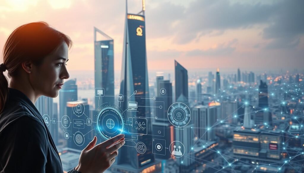 A sleek, futuristic cityscape with towering skyscrapers and glowing holographic displays. In the foreground, a person interacts with a transparent digital interface, their features and expressions reflected in the smooth surface. Diffused lighting from above casts a warm, ambient glow, highlighting the advanced technological elements. The middle ground features various AI-powered content personalization tools, visualized as abstract data streams and algorithmically generated visuals. In the background, a vast network of interconnected devices and servers hint at the scale and complexity of the AI-driven content ecosystem. The overall mood is one of innovation, seamless integration, and the transformative power of generative AI in content creation.