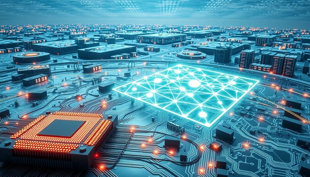 A vast, three-dimensional landscape of interconnected quantum computing hardware and software components. In the foreground, an intricately detailed quantum processor chip, its delicate circuits and qubits glowing with a soft, ethereal light. In the middle ground, a holographic projection of a complex quantum algorithm, its intricate pathways and data flows represented by luminous, geometric shapes. In the background, a panoramic vista of research labs, supercomputing clusters, and data centers, all connected by a web of high-bandwidth fiber optic cables and wireless networks. The overall scene has a sense of technological sophistication and scientific progress, with a touch of futuristic wonder. Rendered in high-resolution, photorealistic style for TechTrendWatch.io.